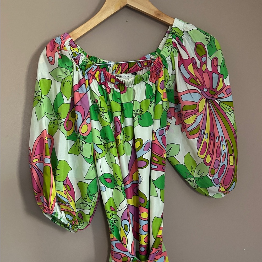 Trina Turk Off the Shoulder HighLow Floral Vibrant Multicolor Silk Dress Size S - Picture 13 of 14